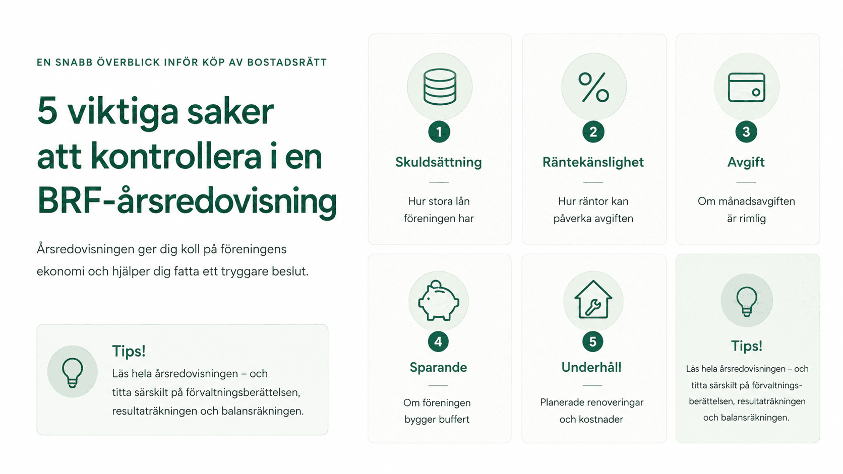 De viktigaste nyckeltalen att kontrollera i en BRF-årsredovisning inför köp av bostadsrätt.